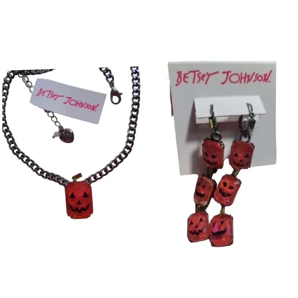 BETSEY JOHNSON SET Jack-o-Lantern Pumpkin Necklace & Earrings Halloween Set NWT